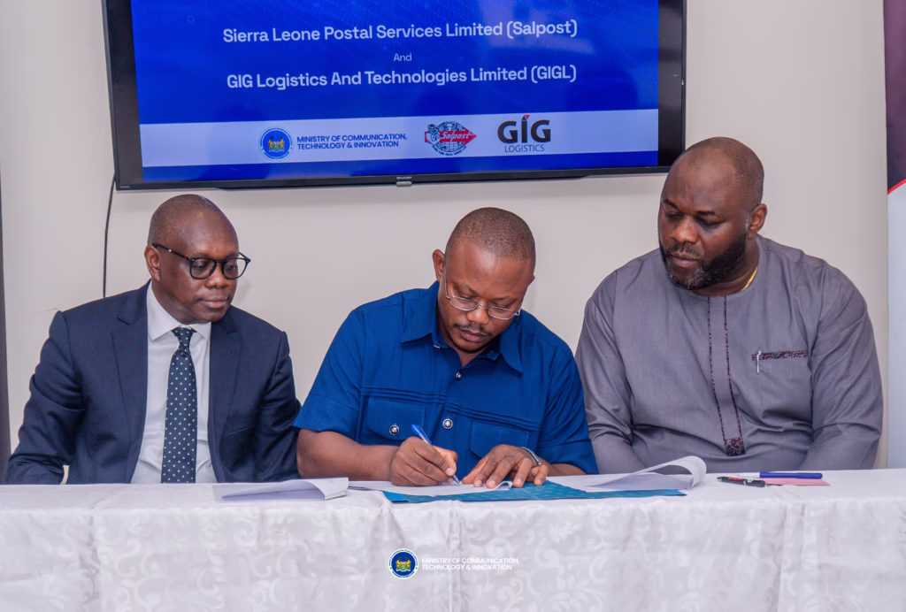 Mr. Stevenson Kamanda, Postmaster General; and Mr. Braima Katta, Managing Director of SALPOST and Mr. Sebastine Osita, CEO of GIG Logistics
